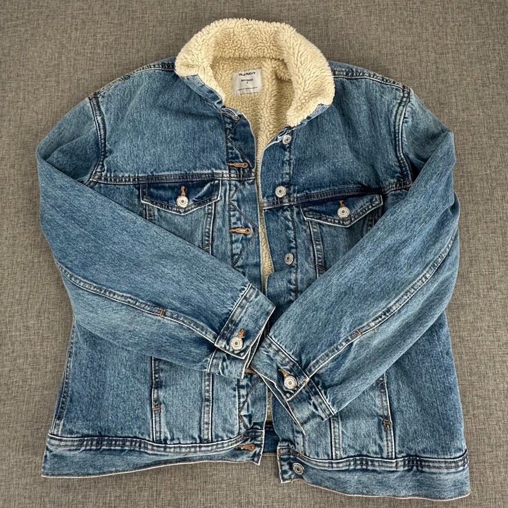 Old Navy Sherpa Lined Boyfriend Jacket Denim Small Cotton Blend Thick Pre-Owned